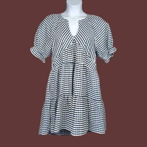 &Merci Womens Short Sleeve Ivory Blue Gingham Tiered Flowy Mini Dress Size M